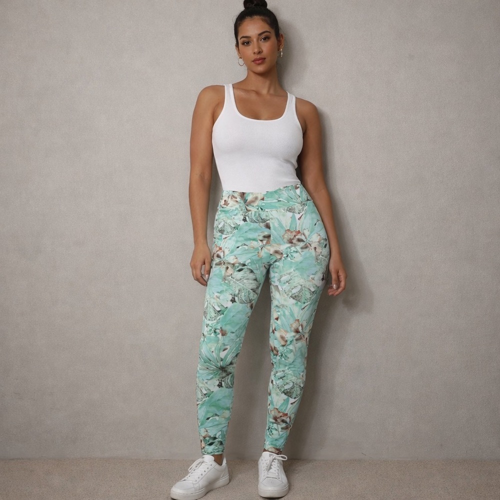 Soft Surroundings Tropical Print High-Waist Leggings Aqua Green Floral Sz TM